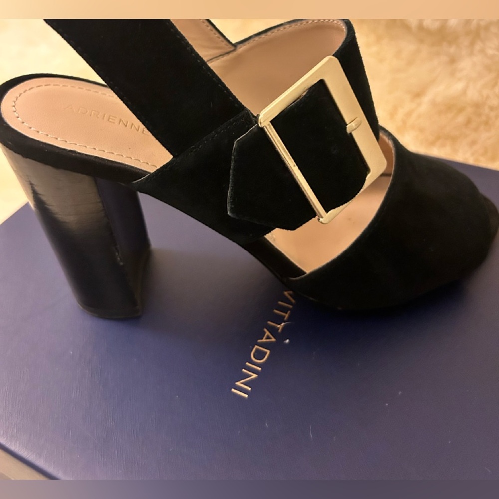 Adrienne Vittadini Black Suede Block Heel Sandals with Gold Buckle Size 6.5